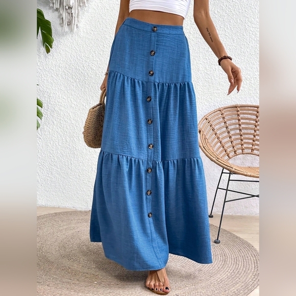 Summer Plain Color Buttoned Ruffle Hem Casual Skirt